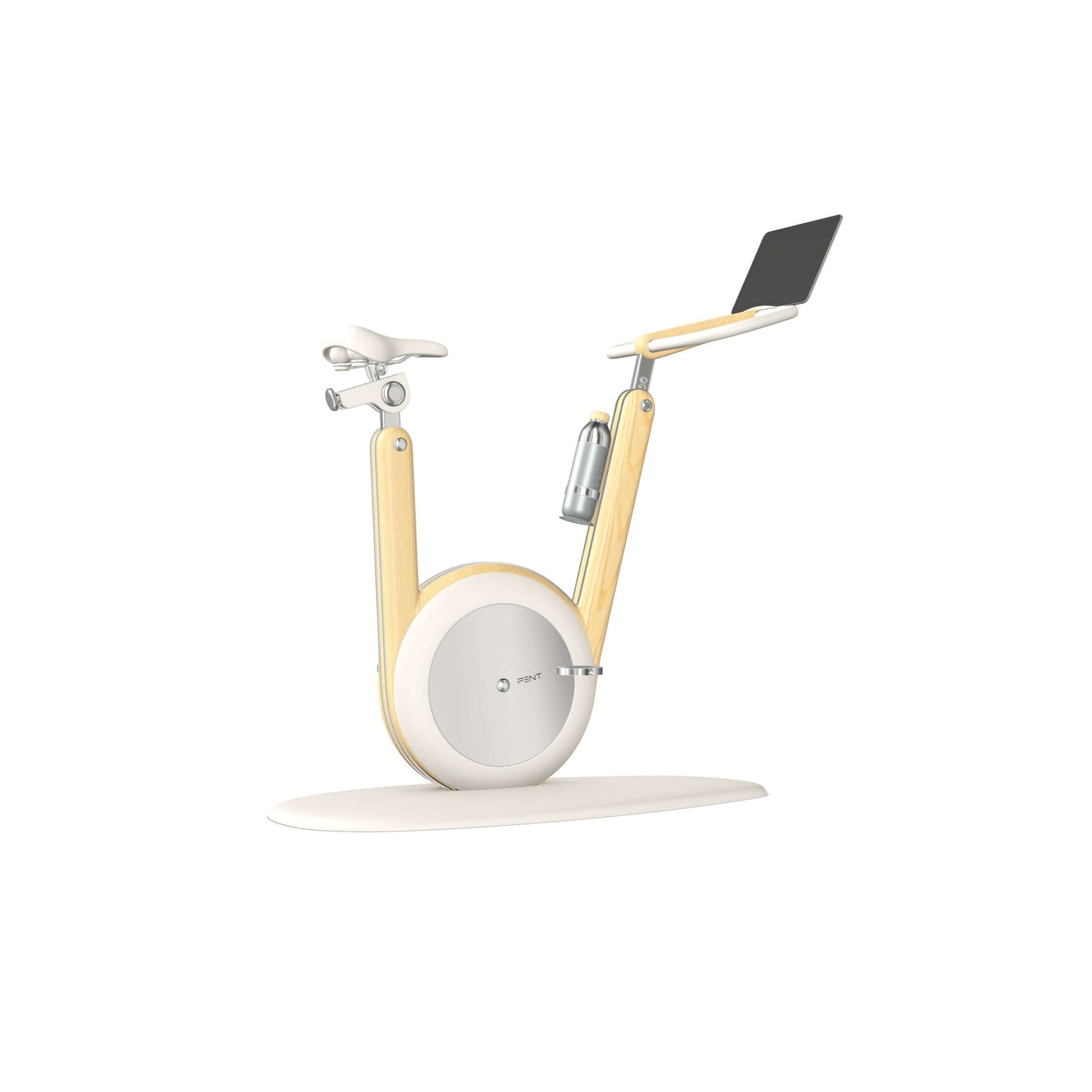 A modern stationary exercise bike with white leather and natural ash wood, sleek design, adjustable seat, and attached workout screen. PENT Hania Exercise Bike