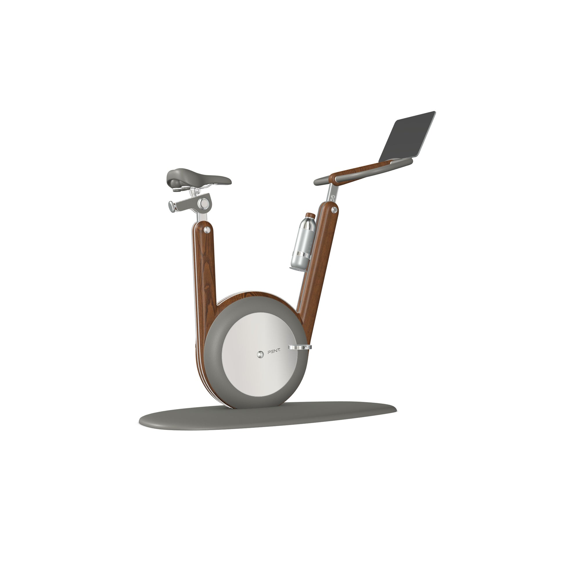 A modern stationary exercise bike with ash walnut wood and grey leather, sleek design, adjustable seat, and attached workout screen. PENT Hania Exercise Bike