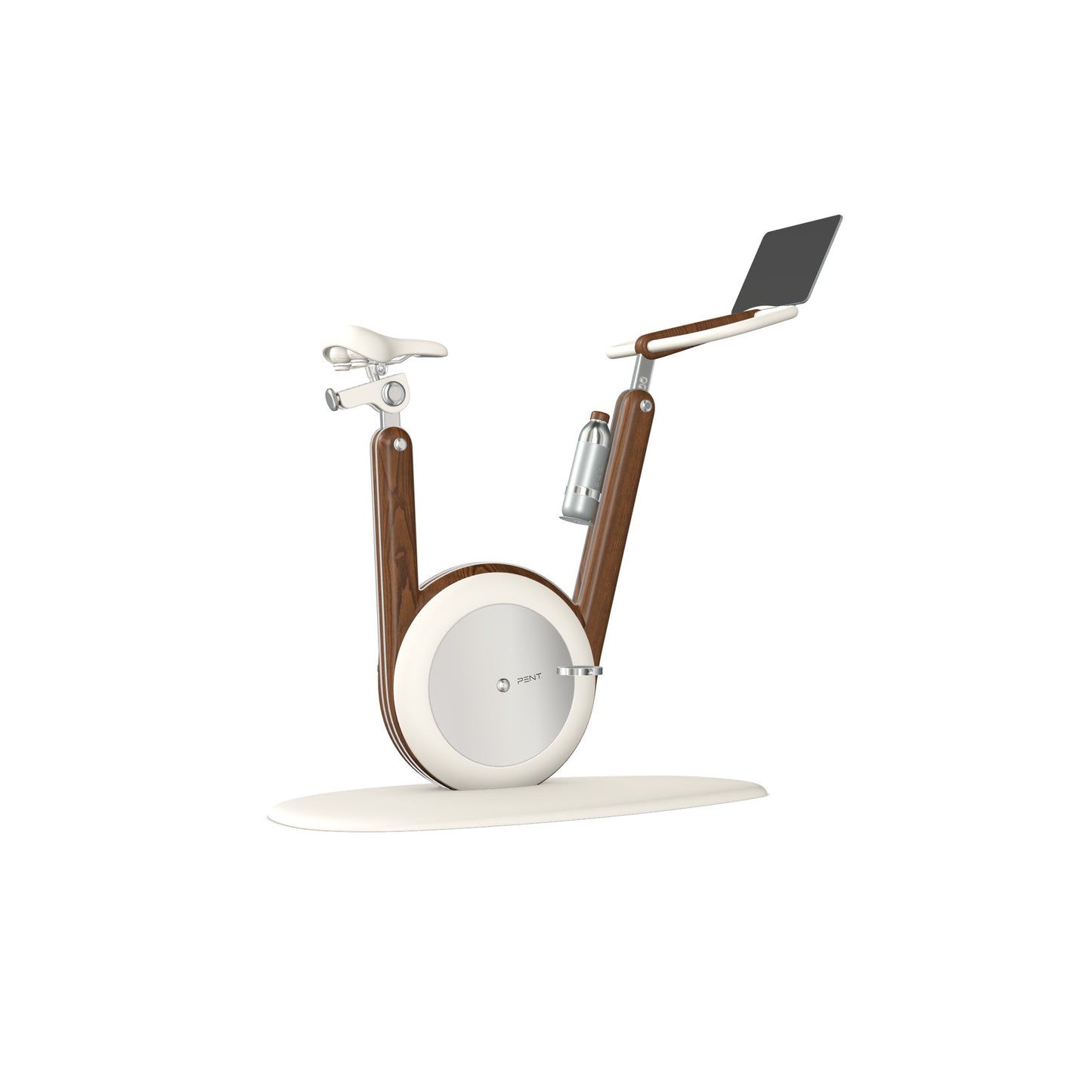 A modern stationary exercise bike with white leather and ash walnut wood, sleek design, adjustable seat, and attached workout screen. PENT Hania Exercise Bike