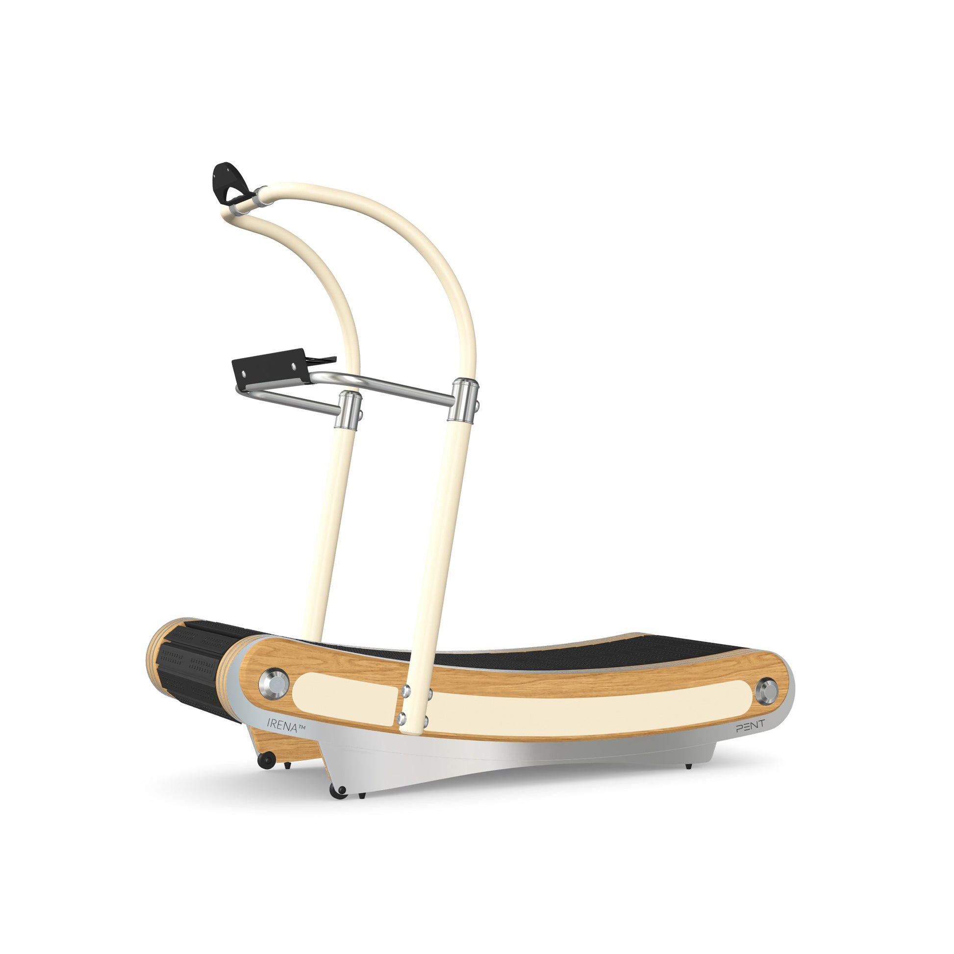 A luxurious curve manual treadmill made with oak wood, stainless steel and premium Italian beige leather. PENT. IRENA - Premium Curved Manual Treadmill