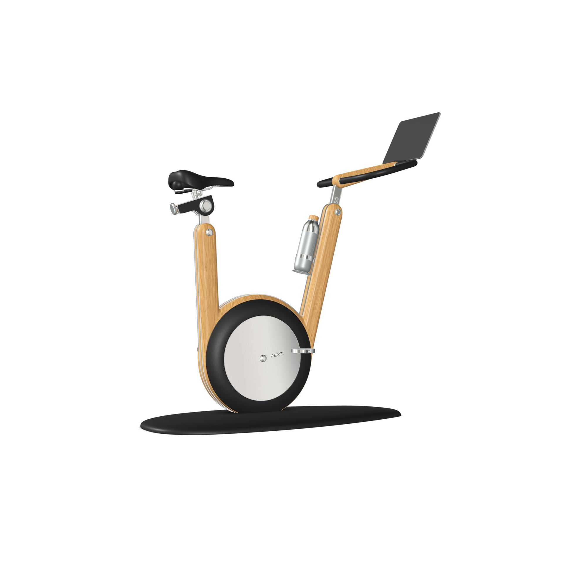 A modern stationary exercise bike with natural oak wood and black leather, sleek design, adjustable seat, and attached workout screen. PENT Hania Exercise Bike