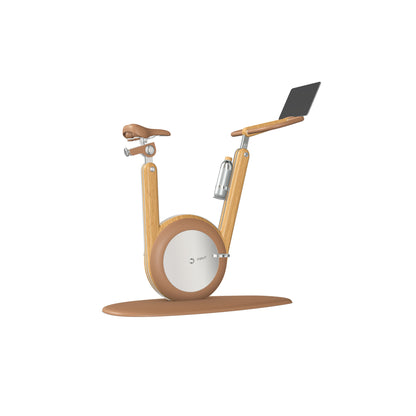 A modern stationary exercise bike with natural oak wood and brown leather, sleek design, adjustable seat, and attached workout screen. PENT Hania Exercise Bike