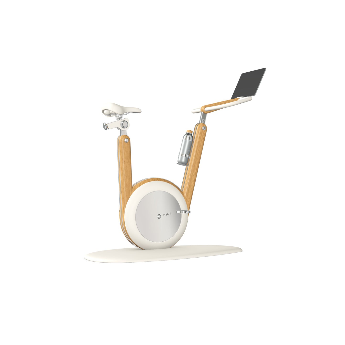 A modern stationary exercise bike with natural ash wood and white leather, sleek design, adjustable seat, and attached workout screen. PENT Hania Exercise Bike
