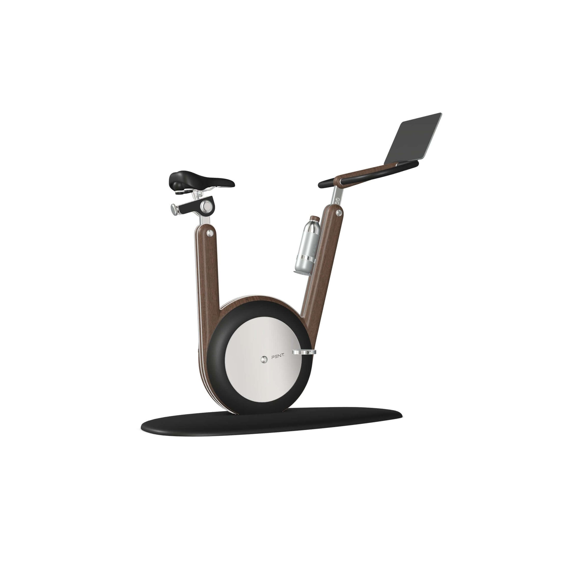 A modern stationary exercise bike with dark walnut wood and black leather, sleek design, adjustable seat, and attached workout screen. PENT Hania Exercise Bike