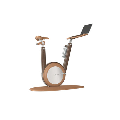 A modern stationary exercise bike with dark walnut wood and brown leather, sleek design, adjustable seat, and attached workout screen. PENT Hania Exercise Bike