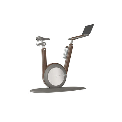A modern stationary exercise bike natural walnut wood and black leather, sleek design, adjustable seat, and attached workout screen. PENT Hania Exercise Bike