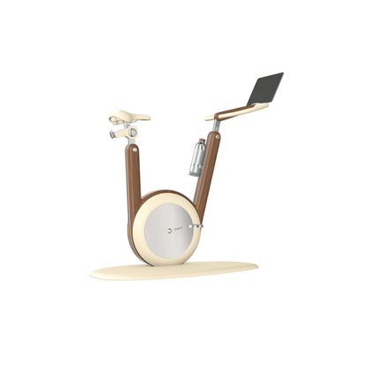 A modern stationary exercise bike with ash walnut wood and beige leather, sleek design, adjustable seat, and attached workout screen. PENT Hania Exercise Bike