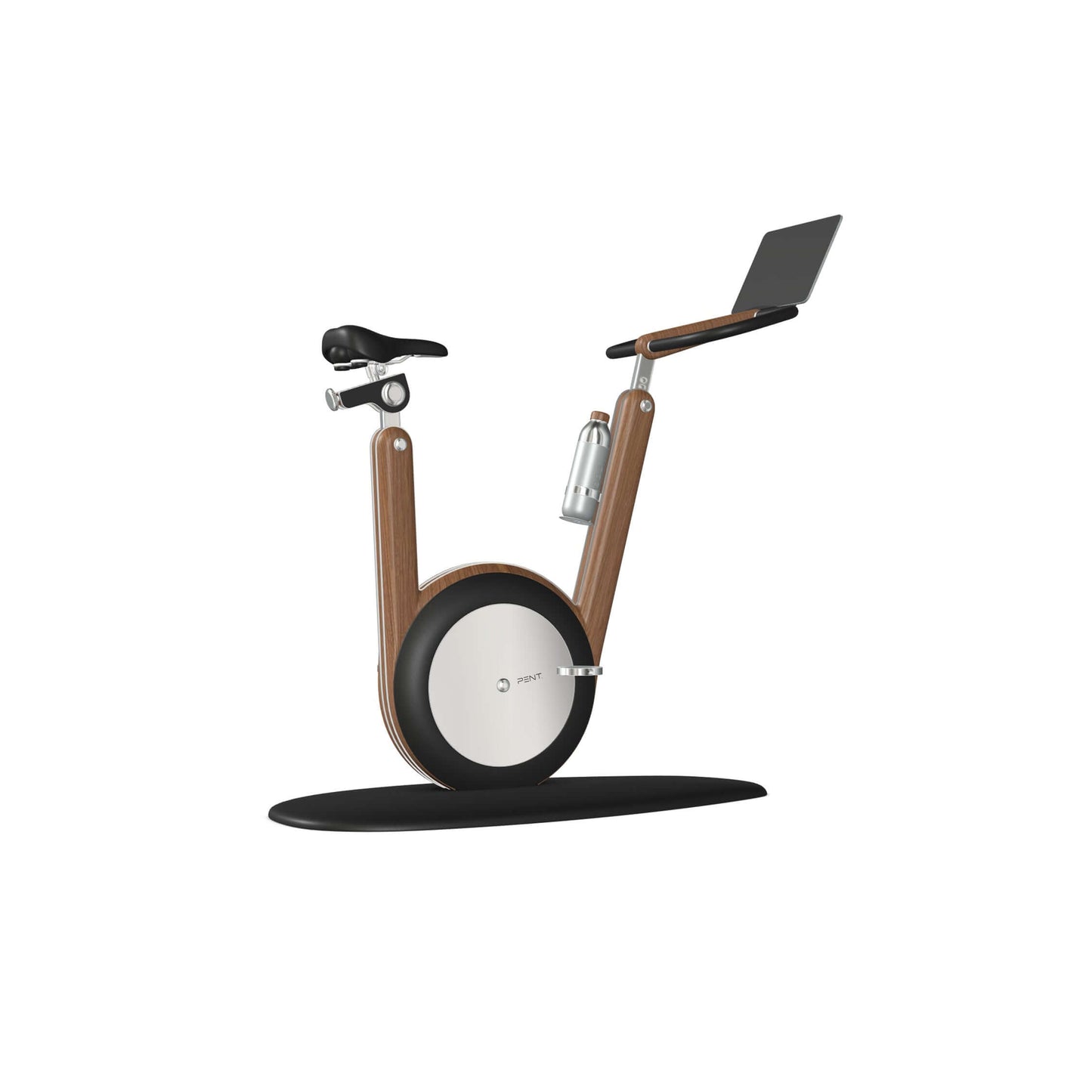 A modern stationary exercise bike with dark walnut wood and black leather, sleek design, adjustable seat, and attached workout screen. PENT Hania Exercise Bike
