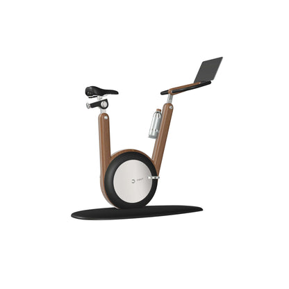 A modern stationary exercise bike with dark walnut wood and black leather, sleek design, adjustable seat, and attached workout screen. PENT Hania Exercise Bike