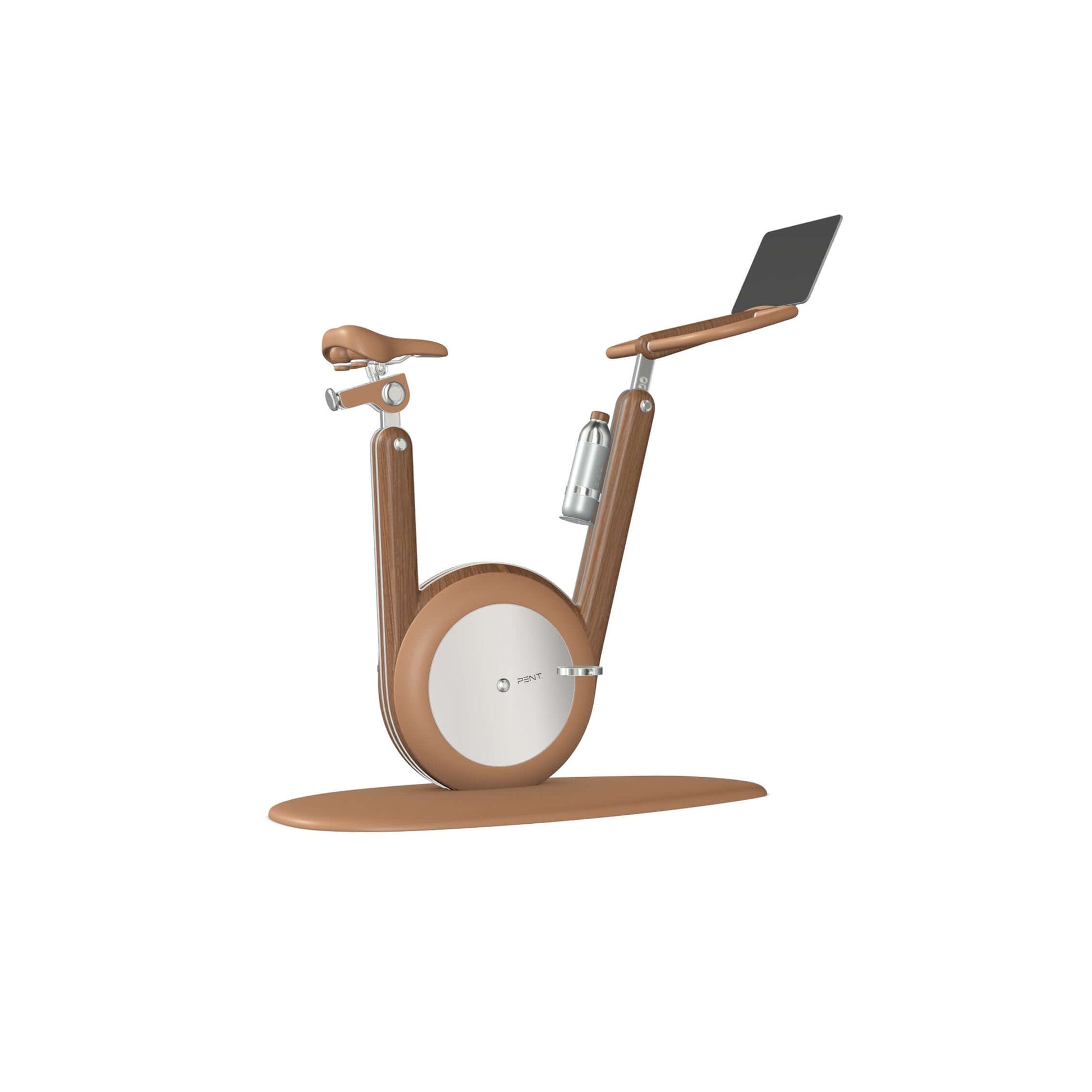 A modern stationary exercise bike with ash walnut wood and brown leather, sleek design, adjustable seat, and attached workout screen. PENT Hania Exercise Bike