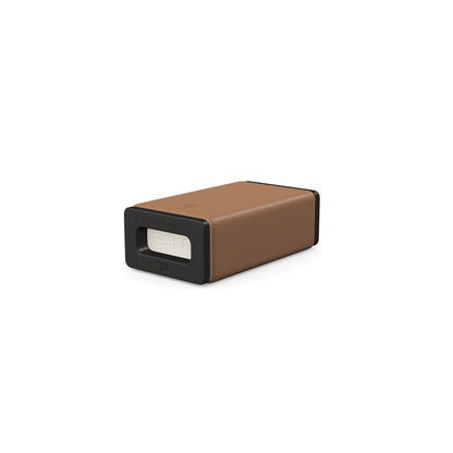 Luxury yoga equipment, handmade with natural wood and premium Italian leather, customize in brown base leather, white accent leather color and black ash wood. PENT. KOHA - Luxury Yoga Block