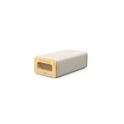 Luxury yoga equipment, handmade with natural wood and premium Italian leather, customize in white base leather, brown accent leather color and natural ash wood. PENT. KOHA - Luxury Yoga Block