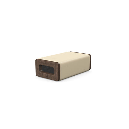Luxury yoga equipment, handmade with natural wood and premium Italian leather, customize in beige base leather, black accent leather color and dark walnut wood. PENT. KOHA - Luxury Yoga Block