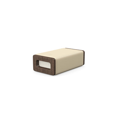 Luxury yoga equipment, handmade with natural wood and premium Italian leather, customize in beige base leather, white accent leather color and dark walnut wood. PENT. KOHA - Luxury Yoga Block