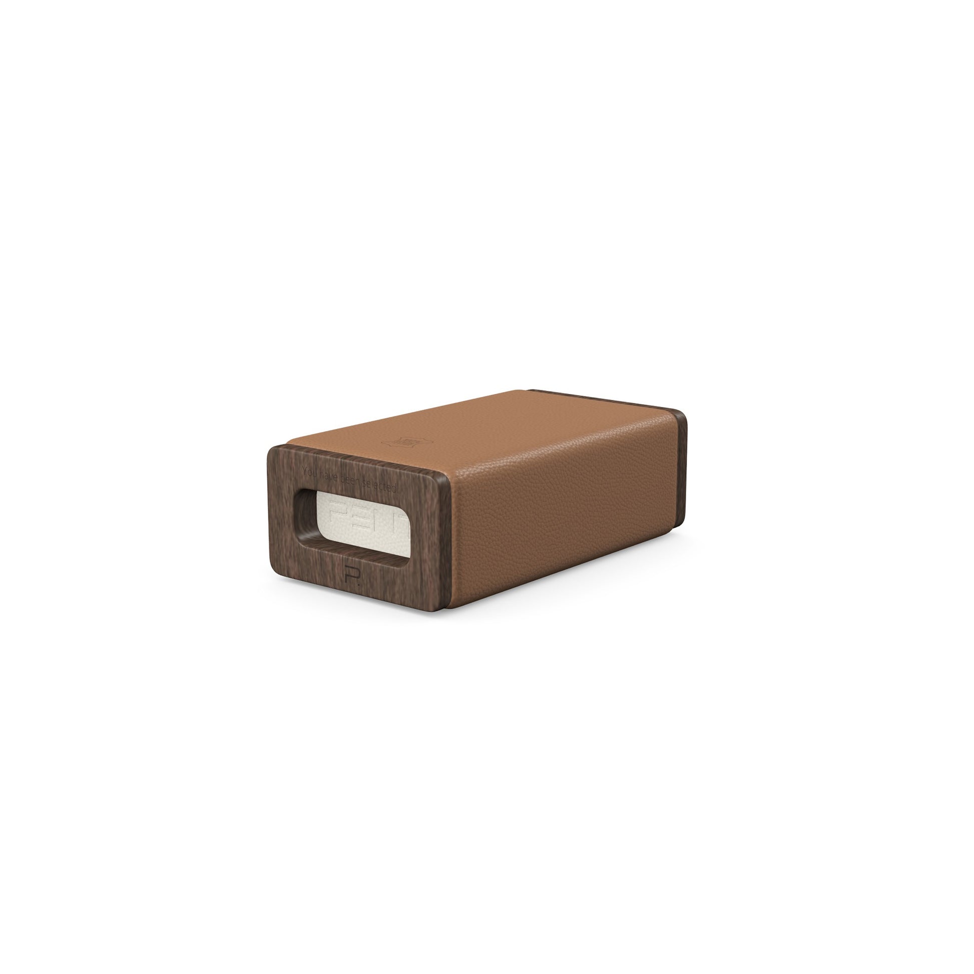 Luxury yoga equipment, handmade with natural wood and premium Italian leather, customize in brown base leather, white accent leather color and dark walnut wood. PENT. KOHA - Luxury Yoga Block