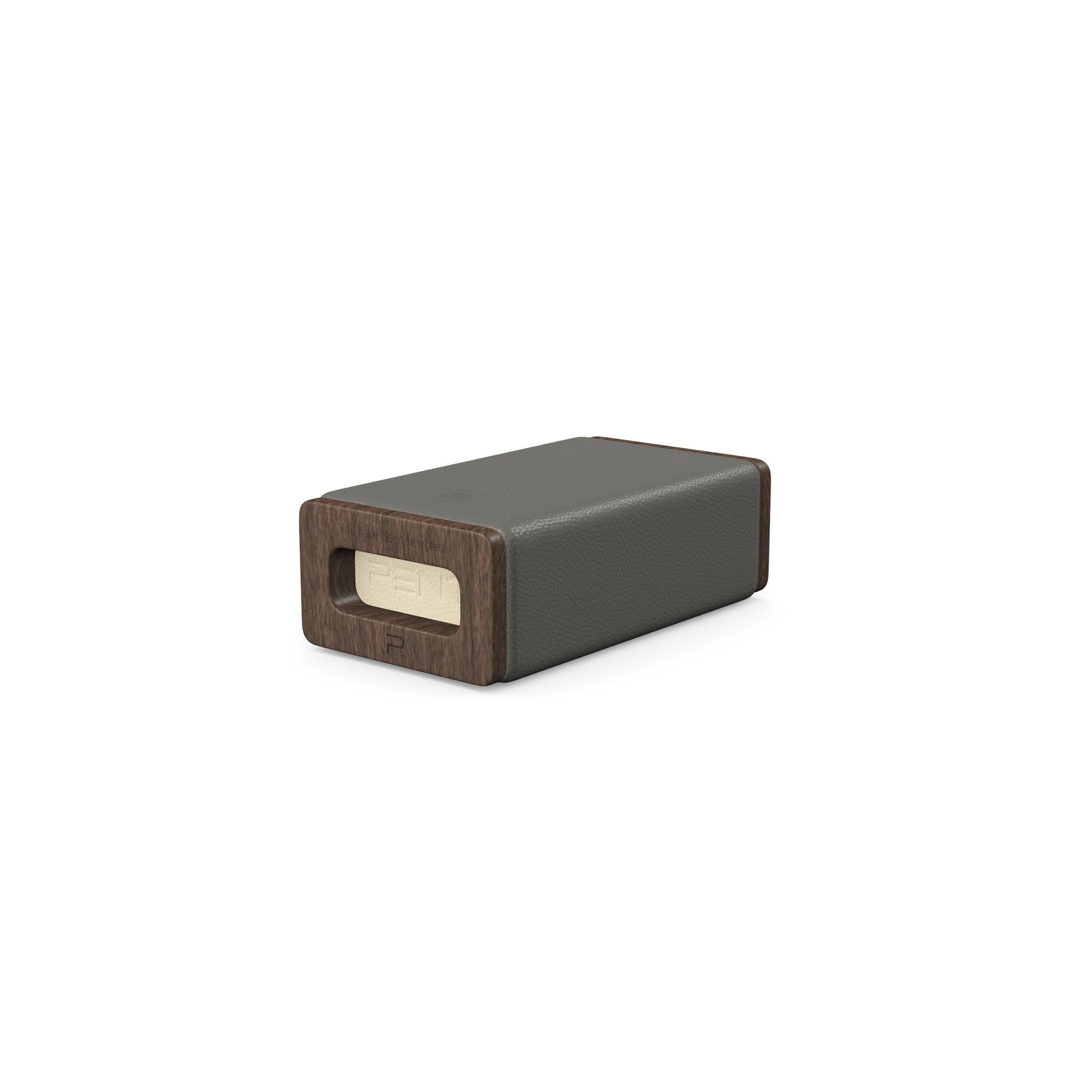 Luxury yoga equipment, handmade with natural wood and premium Italian leather, customize in grey base leather, beige accent leather color and dark walnut wood. PENT. KOHA - Luxury Yoga Block