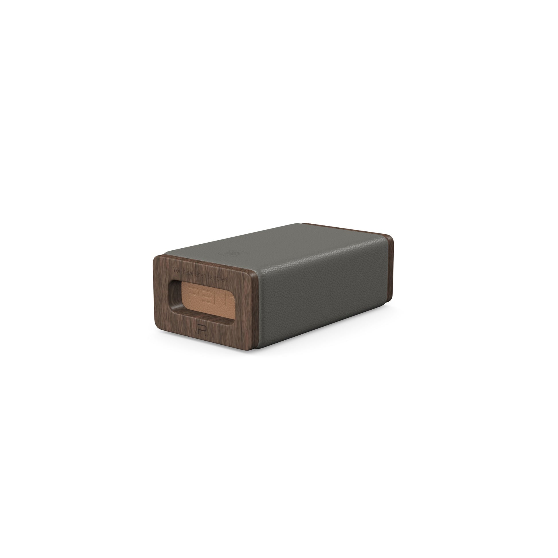 Luxury yoga equipment, handmade with natural wood and premium Italian leather, customize in grey base leather, brown accent leather color and dark walnut wood. PENT. KOHA - Luxury Yoga Block