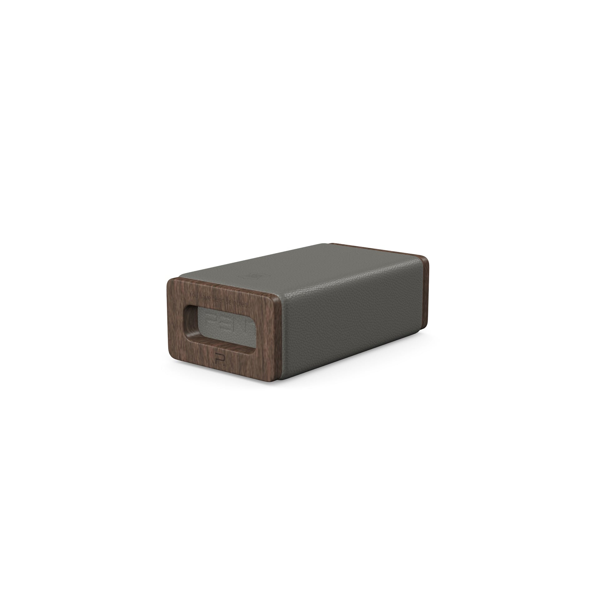 Luxury yoga equipment, handmade with natural wood and premium Italian leather, customize in grey base leather, grey accent leather color and dark walnut wood. PENT. KOHA - Luxury Yoga Block