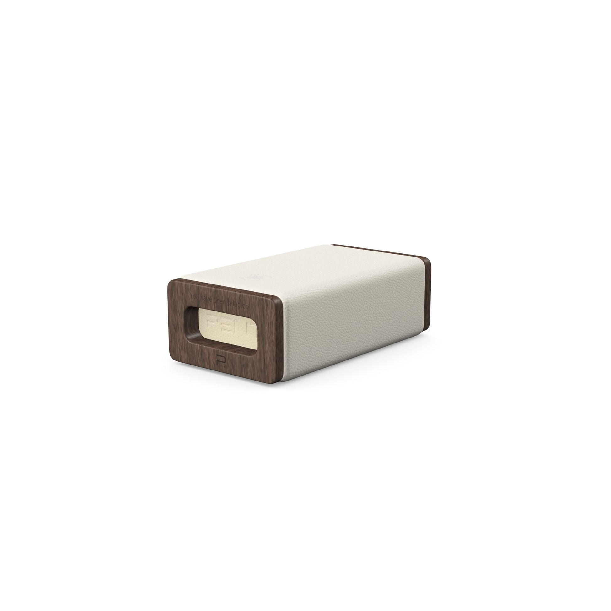 Luxury yoga equipment, handmade with natural wood and premium Italian leather, customize in white base leather, beige accent leather color and dark walnut wood. PENT. KOHA - Luxury Yoga Block