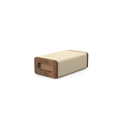 Luxury yoga equipment, handmade with natural wood and premium Italian leather, customize in beige base leather, brown accent leather color and natural walnut wood. PENT. KOHA - Luxury Yoga Block