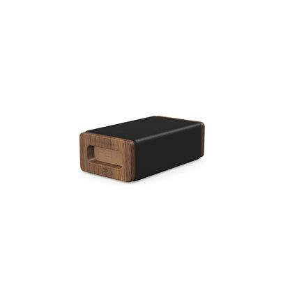 Luxury yoga equipment, handmade with natural wood and premium Italian leather, customize in black base leather, brown accent leather color and natural walnut wood. PENT. KOHA - Luxury Yoga Block