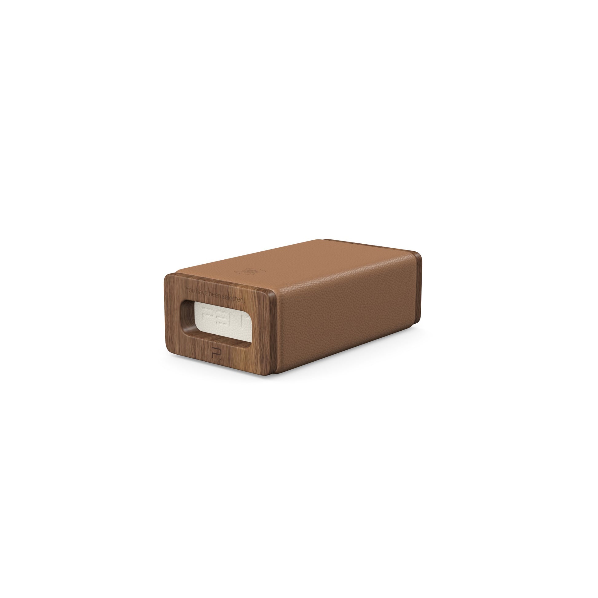 Luxury yoga equipment, handmade with natural wood and premium Italian leather, customize in brown base leather, white accent leather color and natural walnut wood. PENT. KOHA - Luxury Yoga Block