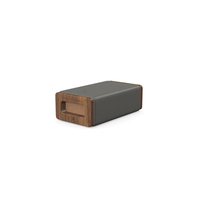 Luxury yoga equipment, handmade with natural wood and premium Italian leather, customize in grey base leather, brown accent leather color and natural walnut wood. PENT. KOHA - Luxury Yoga Block