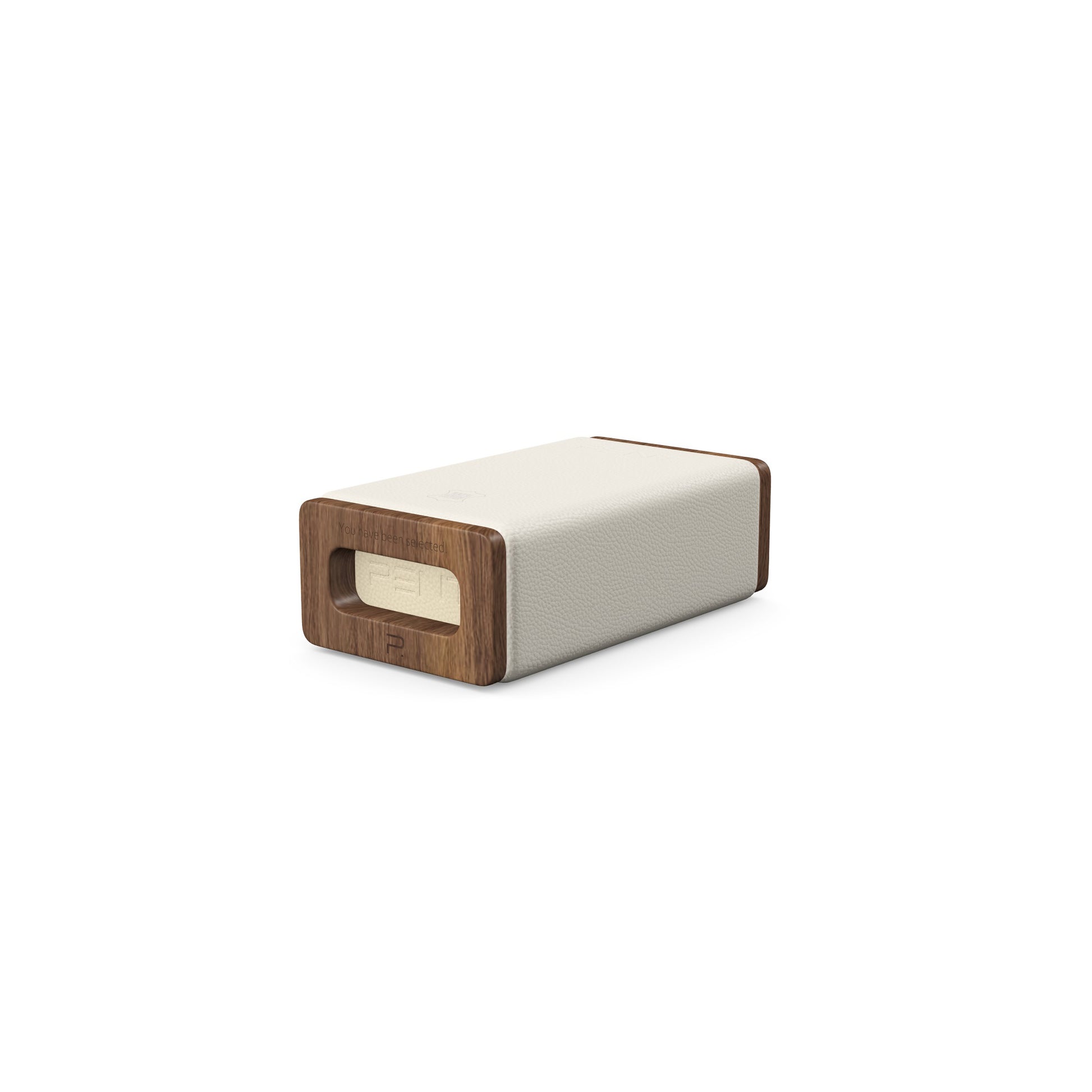 Luxury yoga equipment, handmade with natural wood and premium Italian leather, customize in white base leather, beige accent leather color and natural walnut wood. PENT. KOHA - Luxury Yoga Block