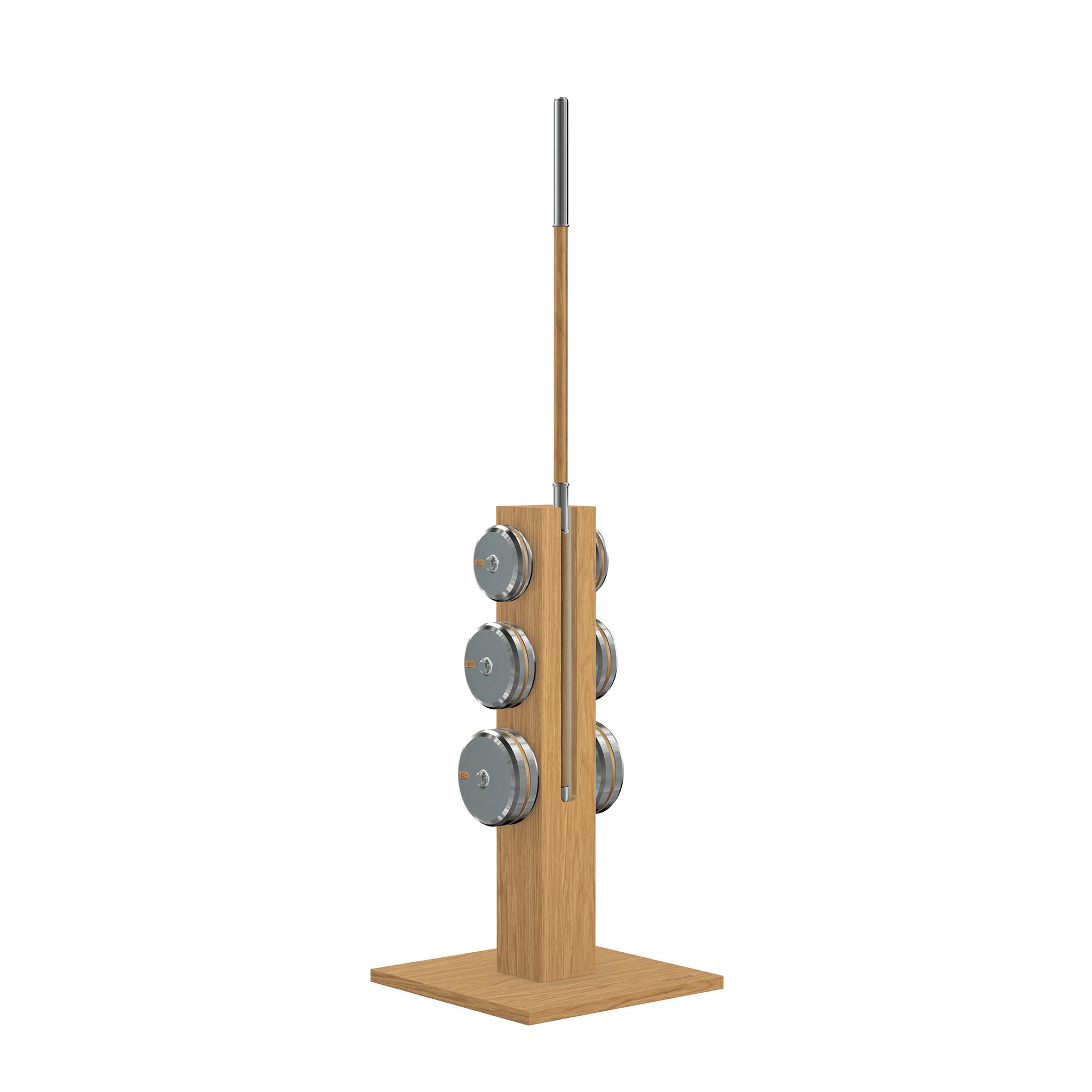 Luxury gym equipment, handmade barbell, weight plates and wooden stand with stainless steel and natural oak wood. PENT. LESNA - Luxury Barbell Set