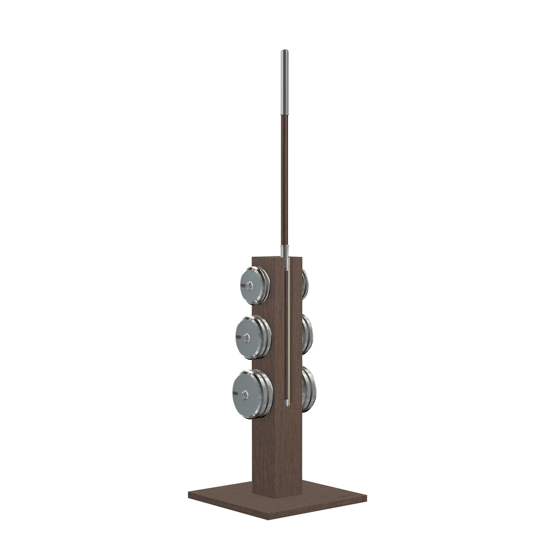 Luxury gym equipment, handmade barbell, weight plates and wooden stand with stainless steel and natural dark walnut wood. PENT. LESNA - Luxury Barbell Set
