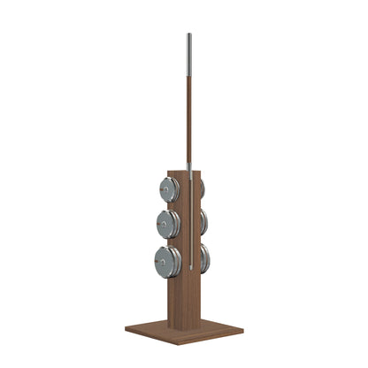 A barbell set on a sleek wooden stand, made of Walnut, Oak, or Ash wood and solid stainless steel. Total maximum weight capacity 70kg.