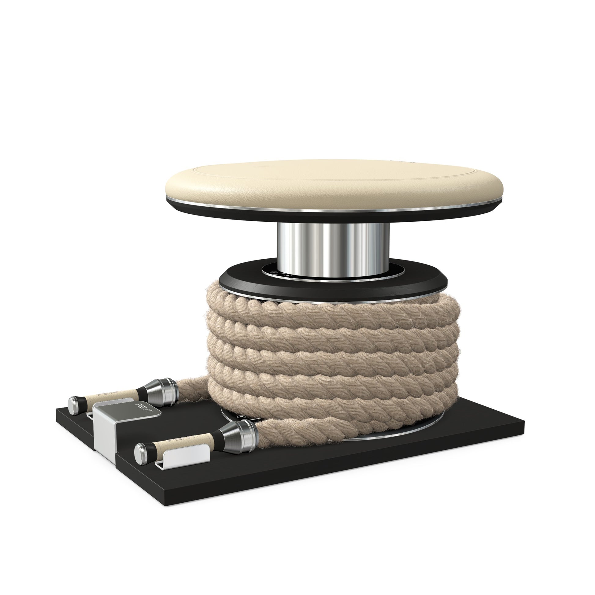 Premium gym battle rope in natural colour, made with with marine grade stainless steel and black ash wooden handles and stand, wrapped in luxurious Italian beige leather, packed neatly into its own handmade wooden stand. PENT. LINA Set - Battle Rope