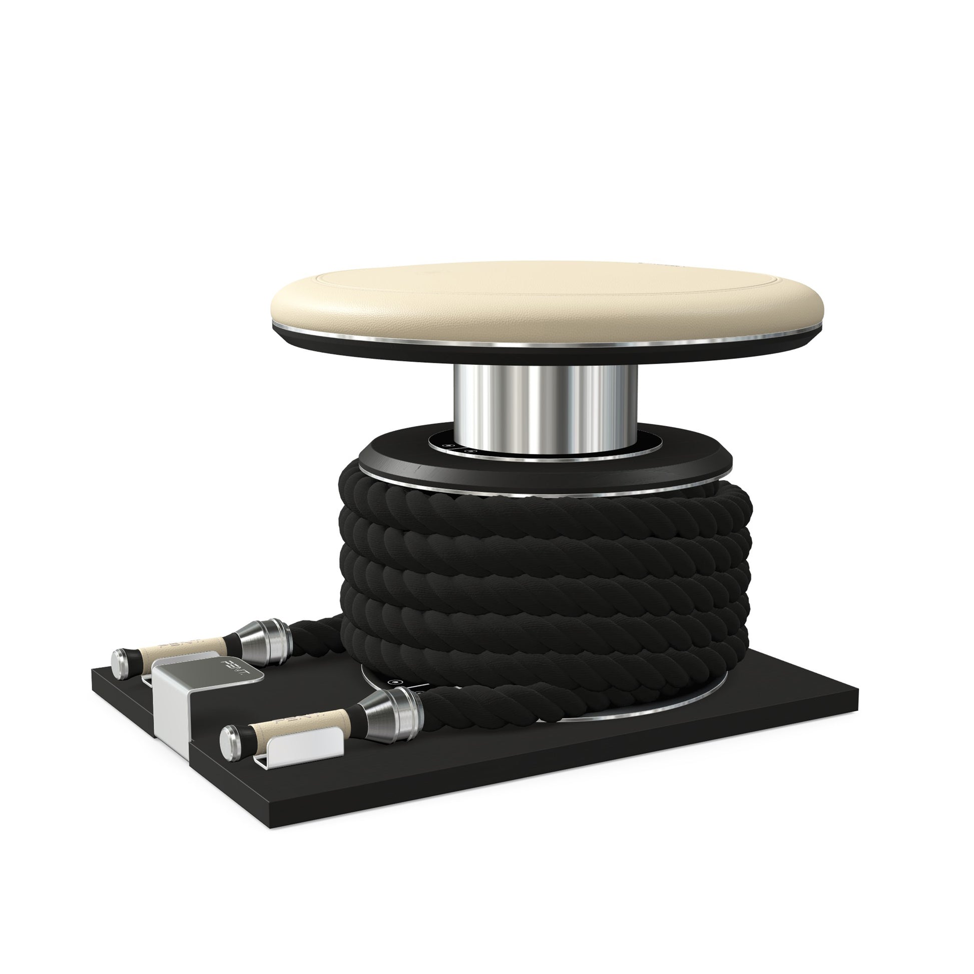 Premium gym battle rope in black colour, made with with marine grade stainless steel and black ash wooden handles and stand, wrapped in luxurious Italian beige leather, packed neatly into its own handmade wooden stand. PENT. LINA Set - Battle Rope