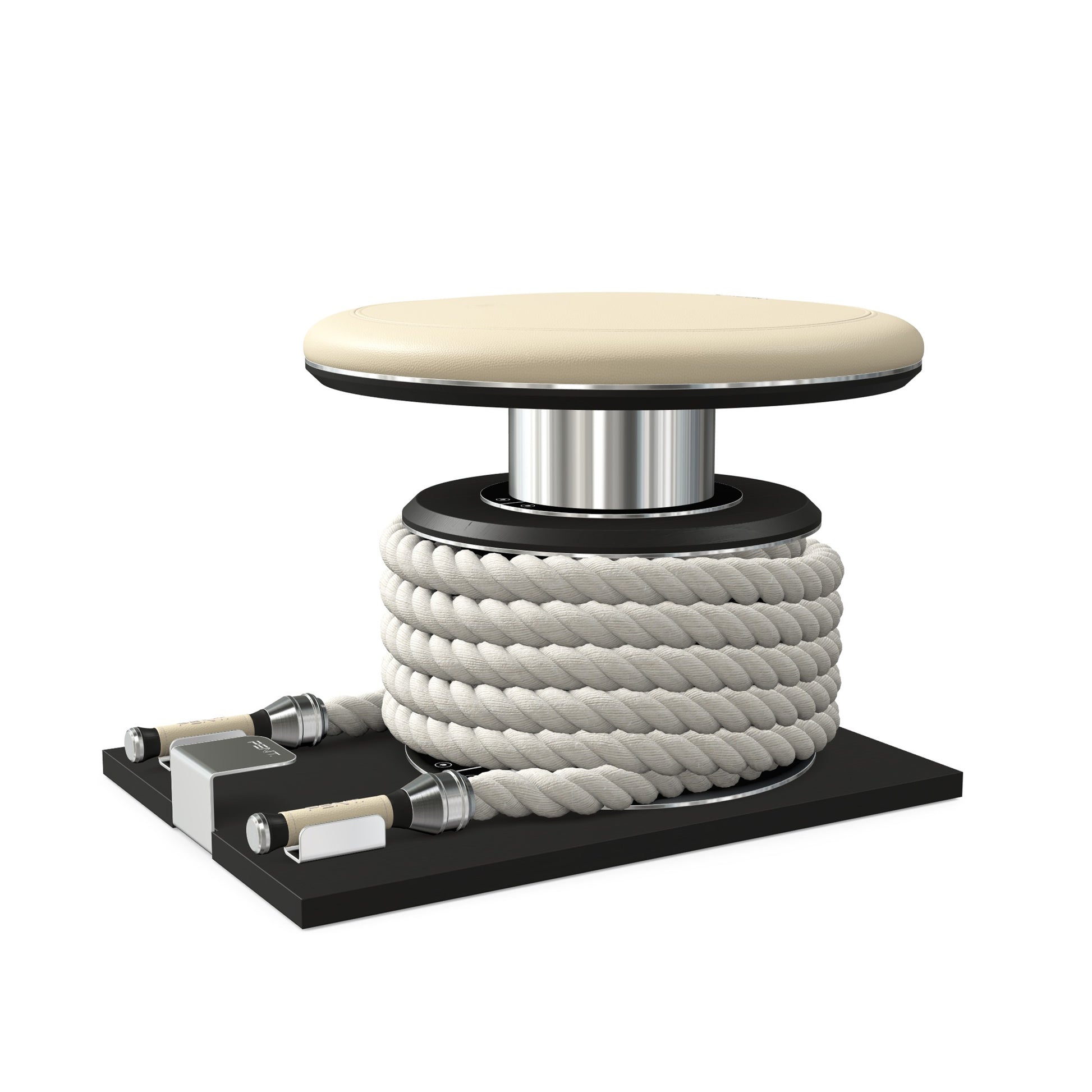 Premium gym battle rope in white colour, made with with marine grade stainless steel and black ash wooden handles and stand, wrapped in luxurious Italian beige leather, packed neatly into its own handmade wooden stand. PENT. LINA Set - Battle Rope