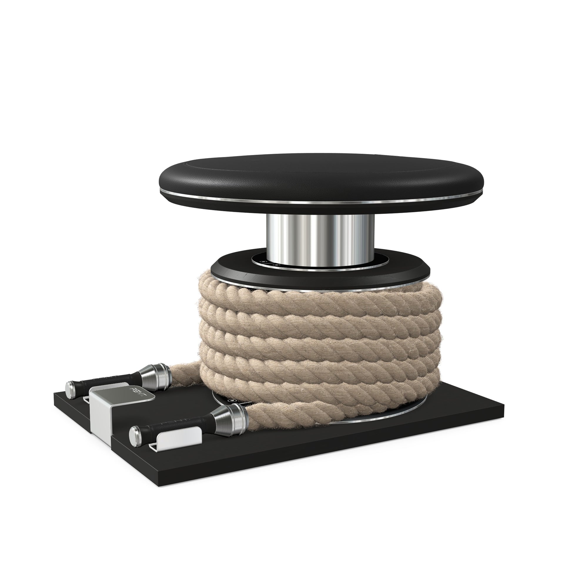 Premium gym battle rope in natural colour, made with with marine grade stainless steel and black ash wooden handles and stand, wrapped in luxurious Italian black leather, packed neatly into its own handmade wooden stand. PENT. LINA Set - Battle Rope