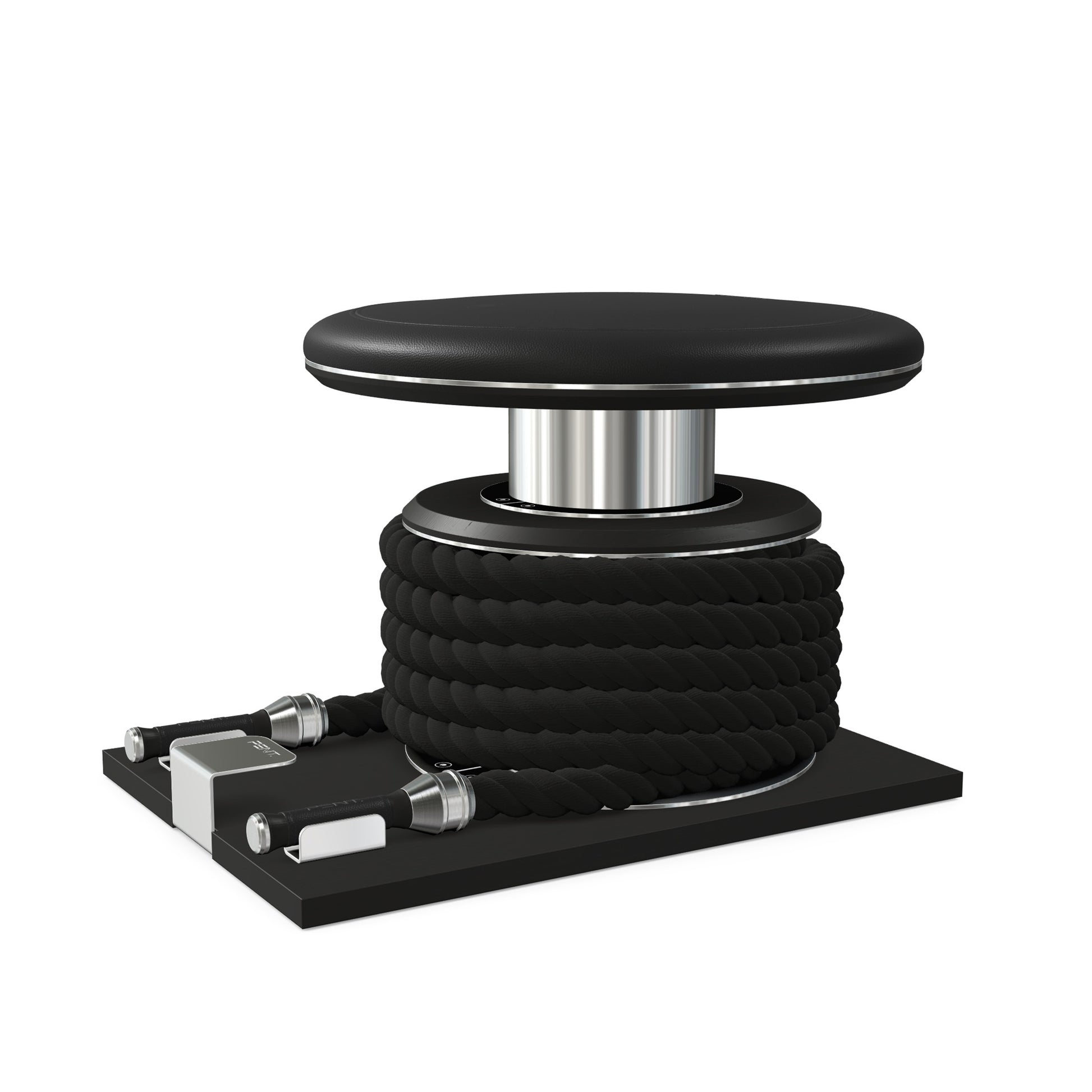 Premium gym battle rope in black colour, made with with marine grade stainless steel and black ash wooden handles and stand, wrapped in luxurious Italian black leather, packed neatly into its own handmade wooden stand. PENT. LINA Set - Battle Rope