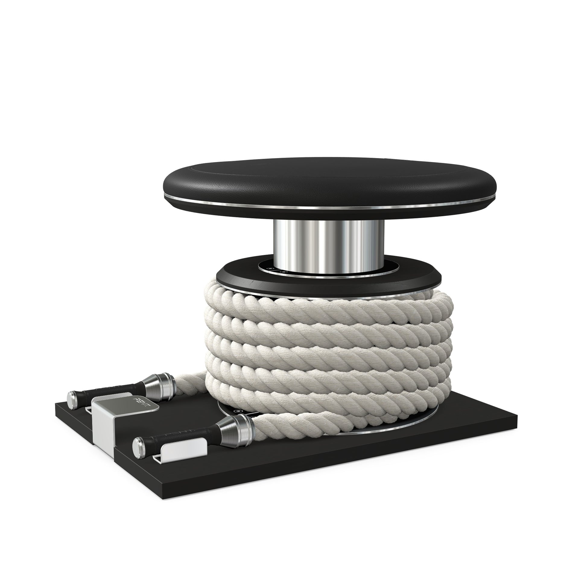 Premium gym battle rope in white colour, made with with marine grade stainless steel and black ash wooden handles and stand, wrapped in luxurious Italian black leather, packed neatly into its own handmade wooden stand. PENT. LINA Set - Battle Rope