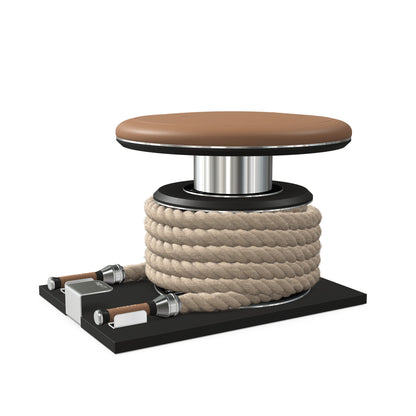 Premium gym battle rope in natural colour, made with with marine grade stainless steel and black ash wooden handles and stand, wrapped in luxurious Italian brown leather, packed neatly into its own handmade wooden stand. PENT. LINA Set - Battle Rope