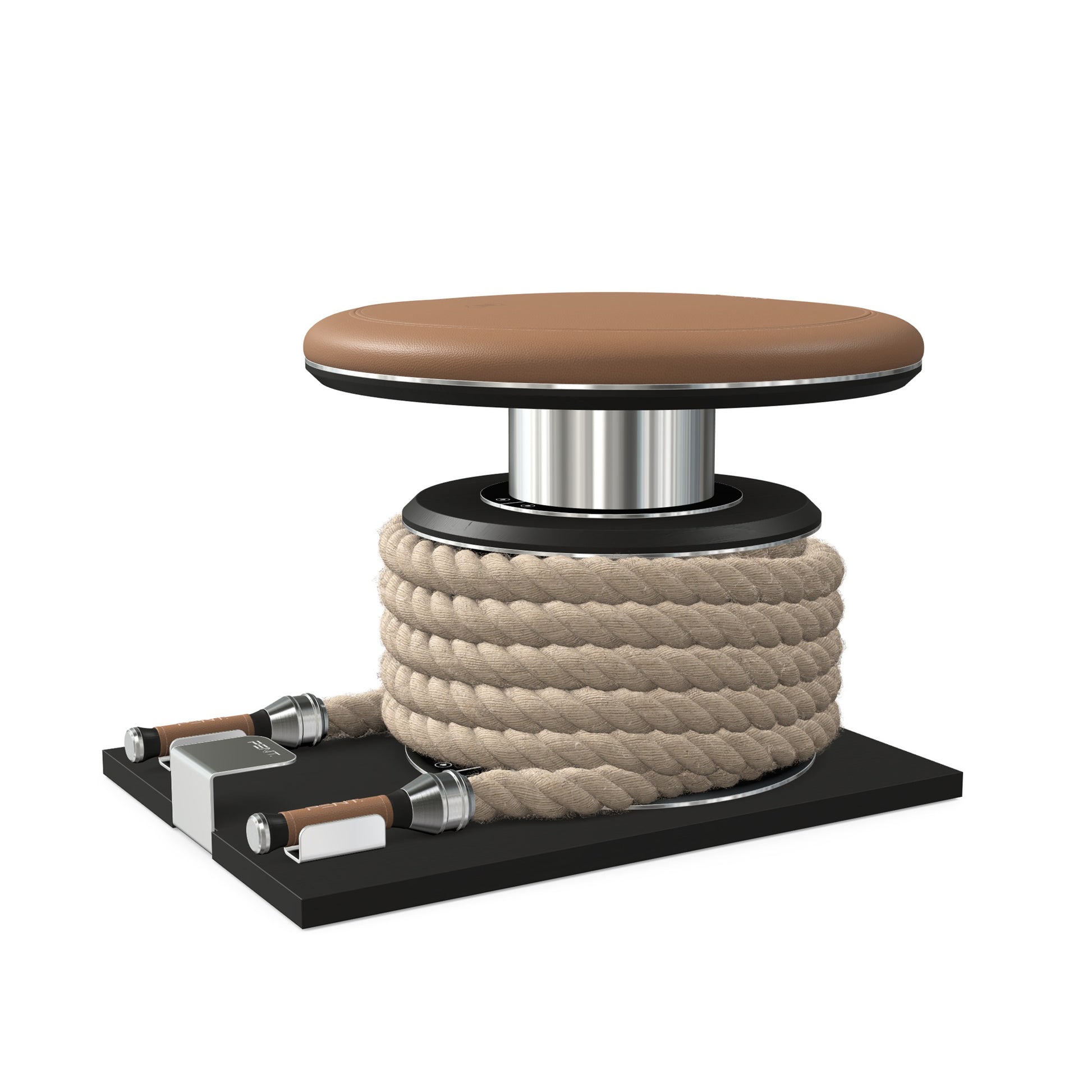 Premium gym battle rope in natural colour, made with with marine grade stainless steel and black ash wooden handles and stand, wrapped in luxurious Italian brown leather, packed neatly into its own handmade wooden stand. PENT. LINA Set - Battle Rope
