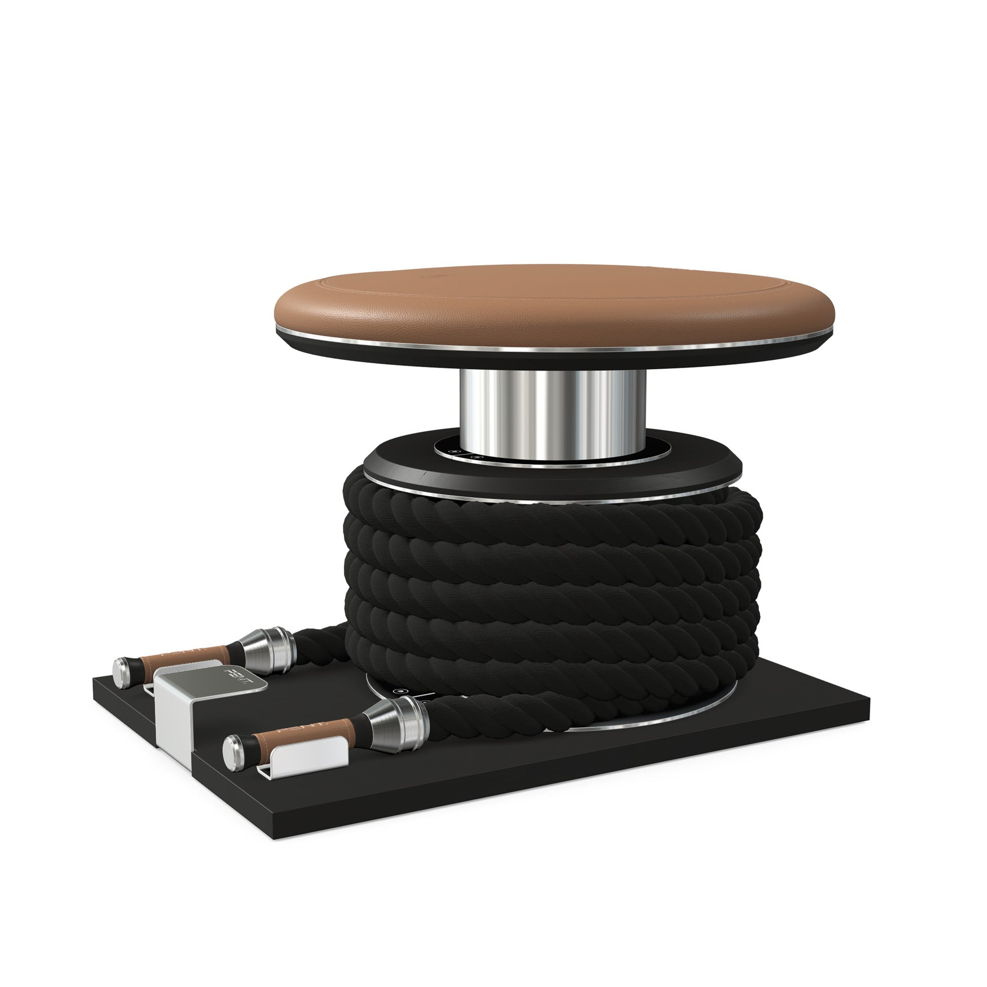 Premium gym battle rope in black colour, made with with marine grade stainless steel and black ash wooden handles and stand, wrapped in luxurious Italian brown leather, packed neatly into its own handmade wooden stand. PENT. LINA Set - Battle Rope