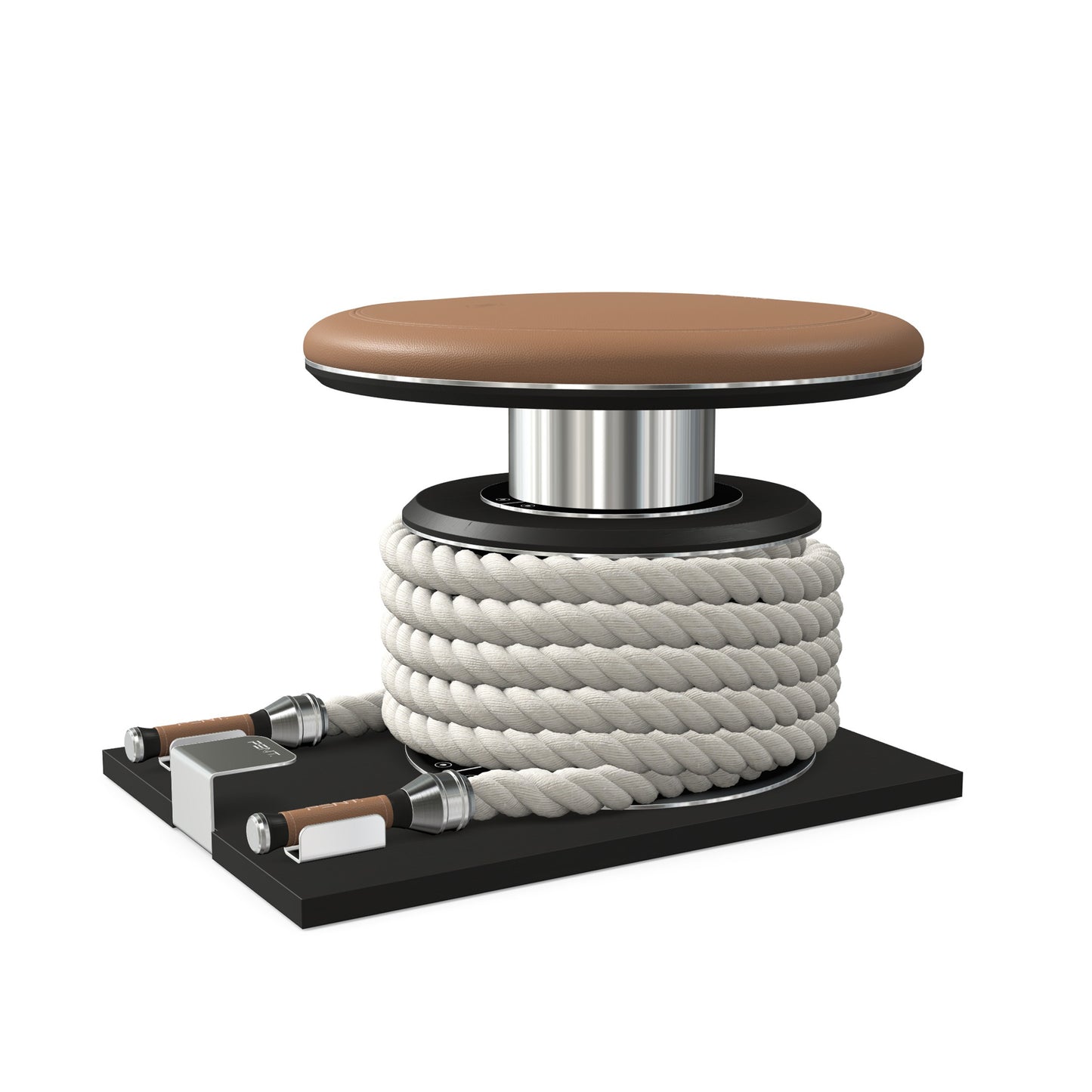 Premium gym battle rope in white colour, made with with marine grade stainless steel and black ash wooden handles and stand, wrapped in luxurious Italian brown leather, packed neatly into its own handmade wooden stand. PENT. LINA Set - Battle Rope