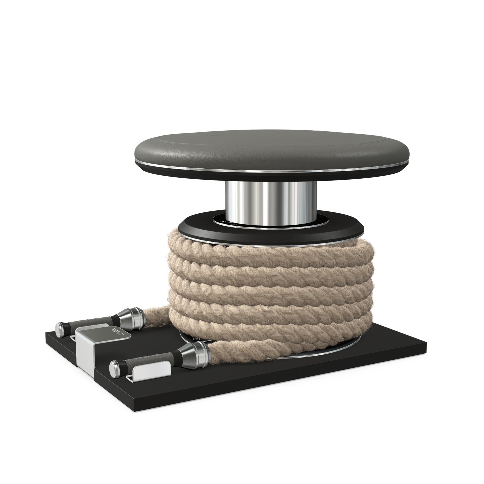 Premium gym battle rope in natural colour, made with with marine grade stainless steel and black ash wooden handles and stand, wrapped in luxurious Italian grey leather, packed neatly into its own handmade wooden stand. PENT. LINA Set - Battle Rope