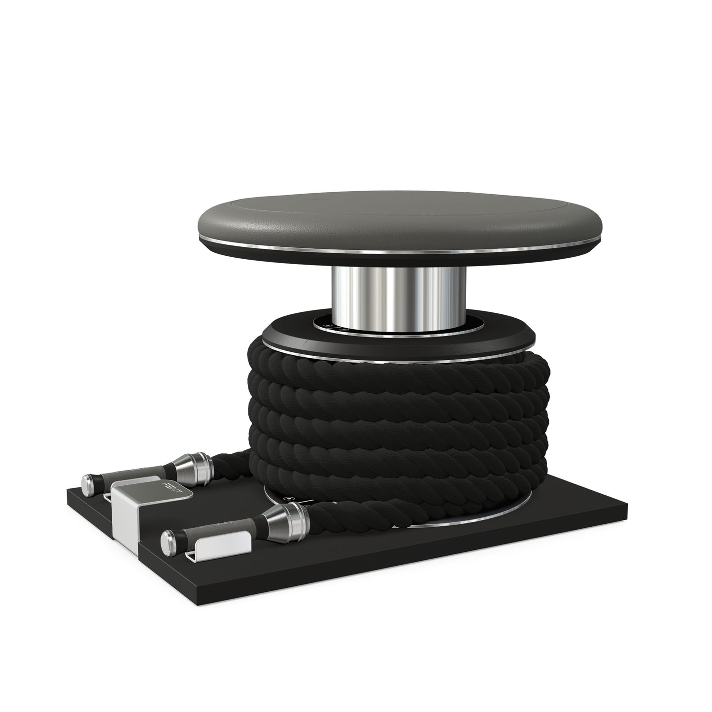 Premium gym battle rope in black colour, made with with marine grade stainless steel and black ash wooden handles and stand, wrapped in luxurious Italian grey leather, packed neatly into its own handmade wooden stand. PENT. LINA Set - Battle Rope