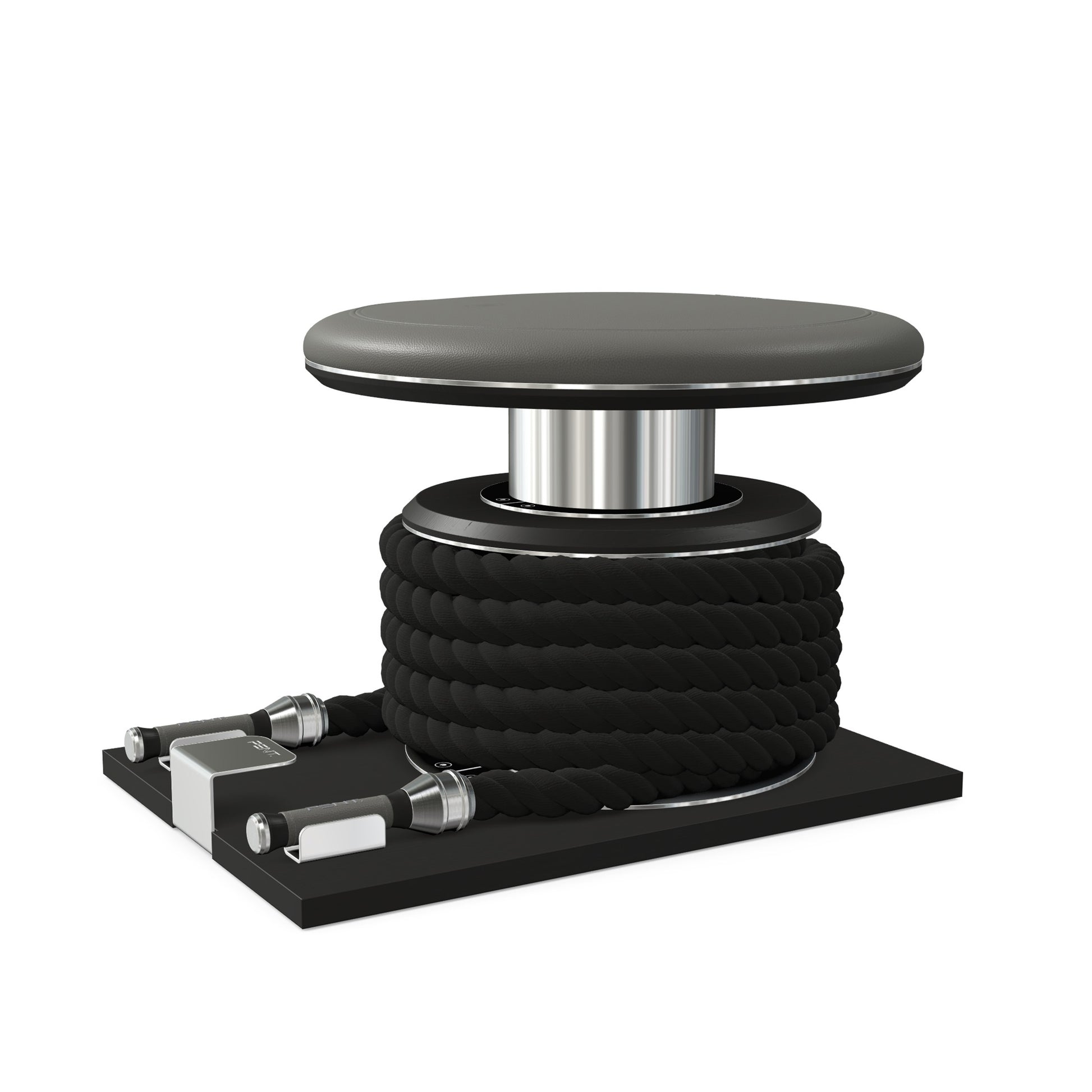 Premium gym battle rope in black colour, made with with marine grade stainless steel and black ash wooden handles and stand, wrapped in luxurious Italian grey leather, packed neatly into its own handmade wooden stand. PENT. LINA Set - Battle Rope
