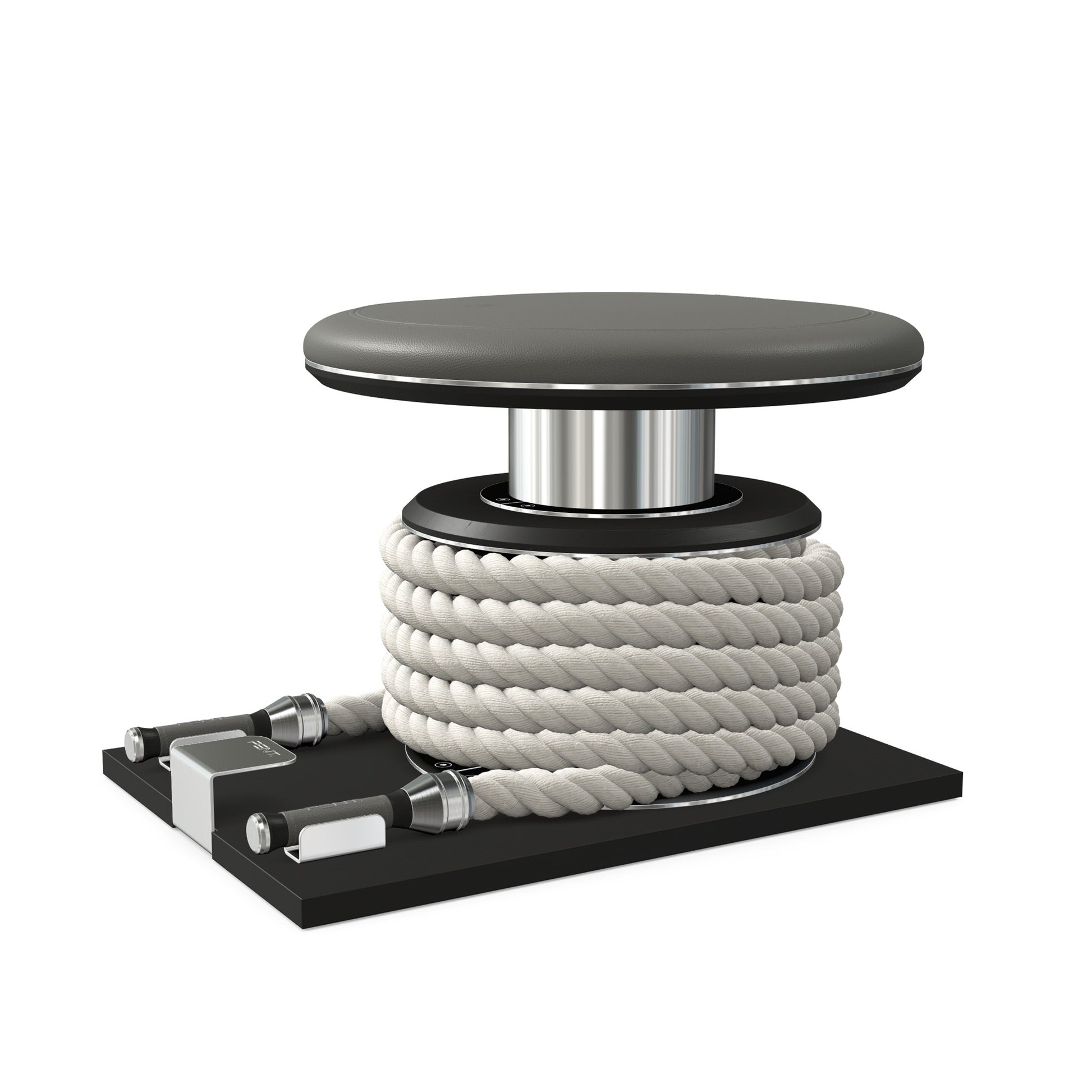 Premium gym battle rope in white colour, made with with marine grade stainless steel and black ash wooden handles and stand, wrapped in luxurious Italian grey leather, packed neatly into its own handmade wooden stand. PENT. LINA Set - Battle Rope