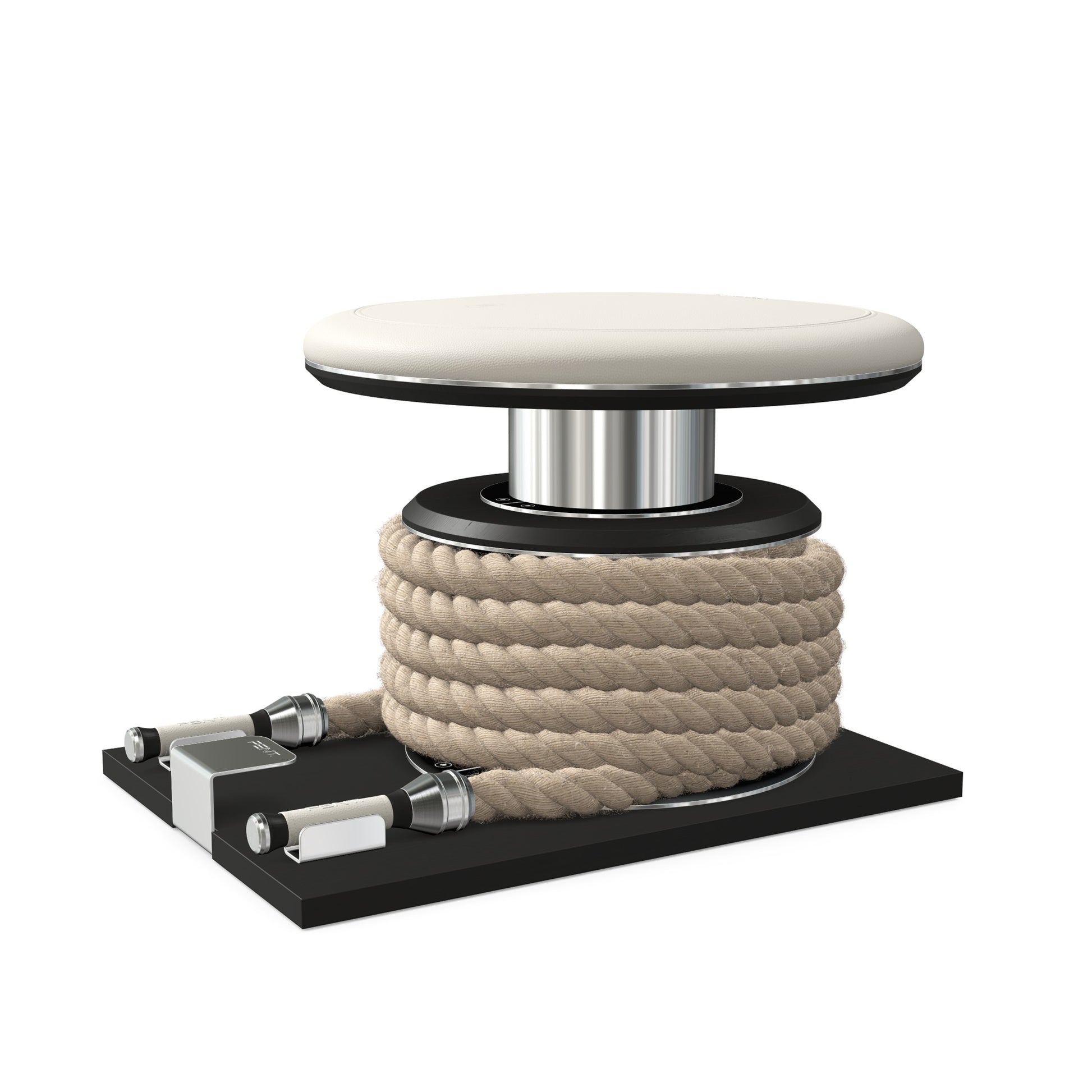 Premium gym battle rope in natural colour, made with with marine grade stainless steel and black ash wooden handles and stand, wrapped in luxurious Italian white leather, packed neatly into its own handmade wooden stand. PENT. LINA Set - Battle Rope