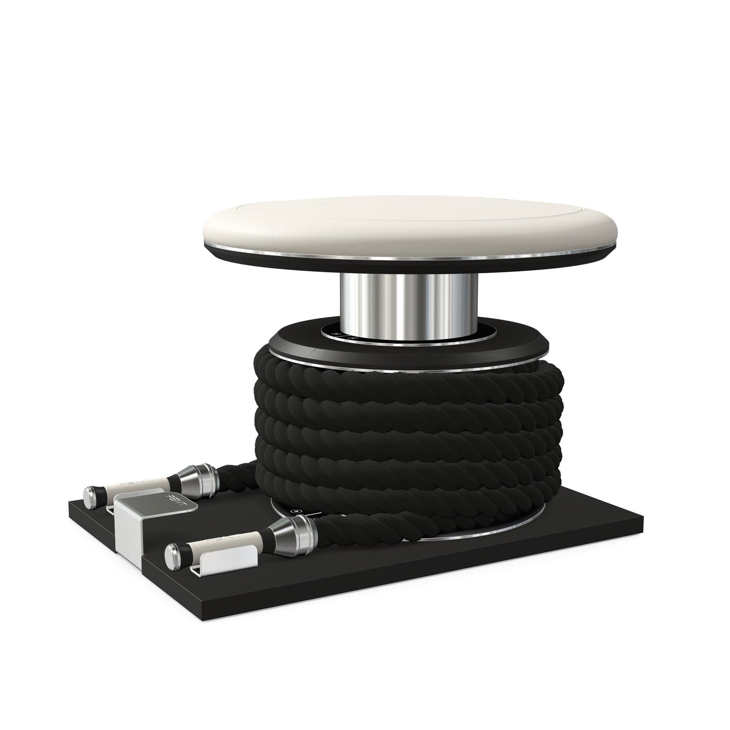 Premium gym battle rope in black colour, made with with marine grade stainless steel and black ash wooden handles and stand, wrapped in luxurious Italian white leather, packed neatly into its own handmade wooden stand. PENT. LINA Set - Battle Rope