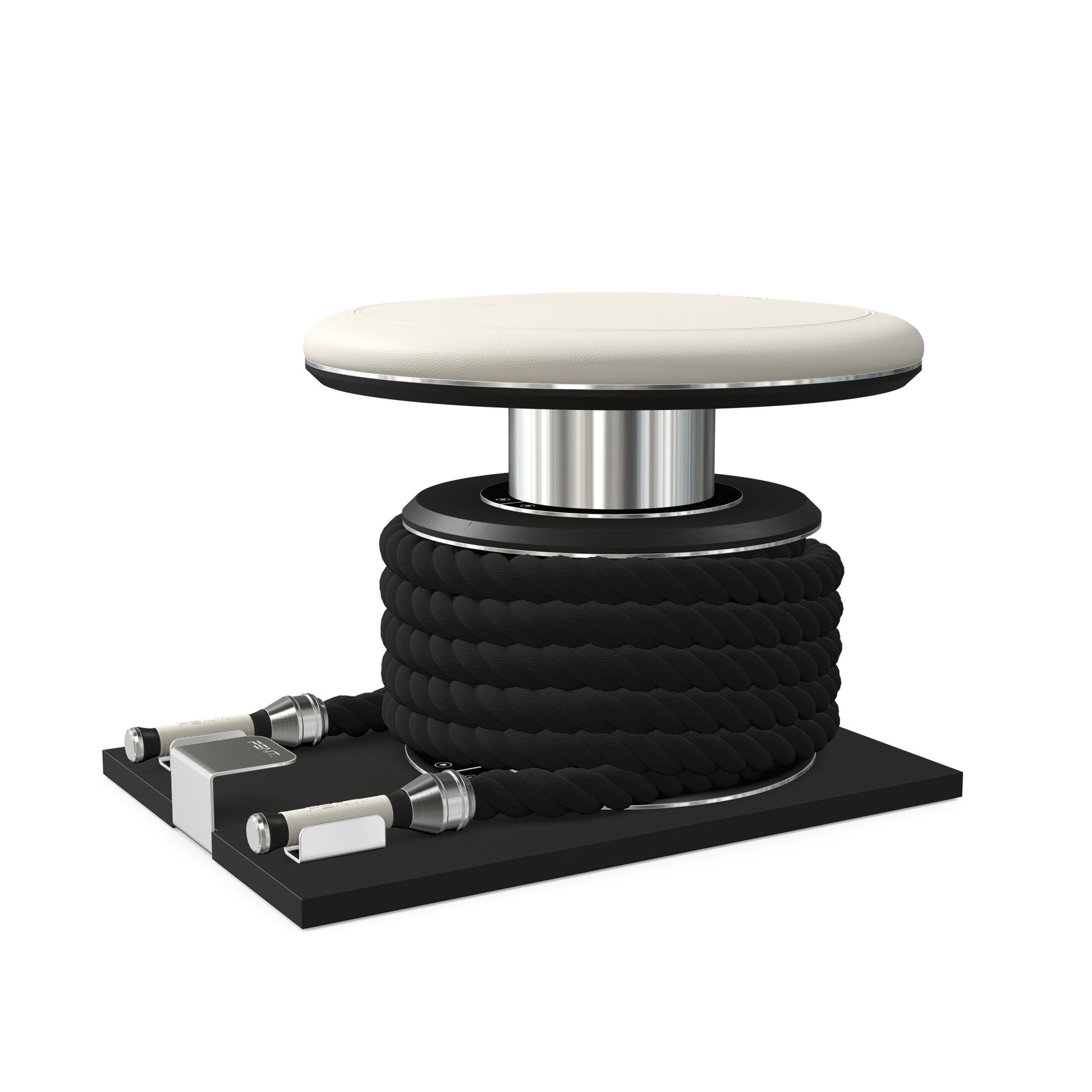 Premium gym battle rope in black colour, made with with marine grade stainless steel and black ash wooden handles and stand, wrapped in luxurious Italian white leather, packed neatly into its own handmade wooden stand. PENT. LINA Set - Battle Rope