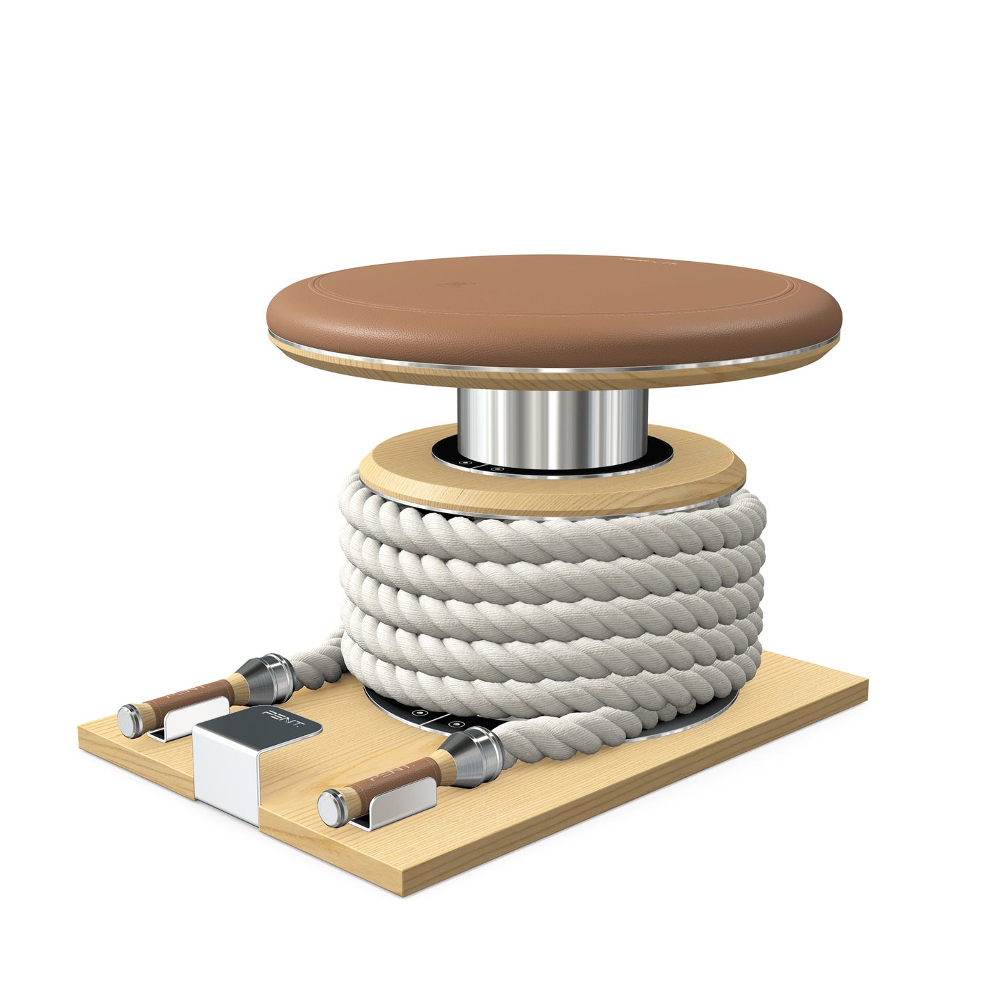 Premium gym battle rope in white colour, made with with marine grade stainless steel and natural ash wooden handles and stand, wrapped in luxurious Italian brown leather, packed neatly into its own handmade wooden stand. PENT. LINA Set - Battle Rope