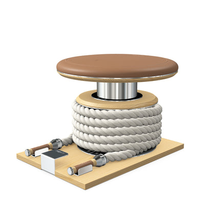 Premium gym battle rope in white colour, made with with marine grade stainless steel and natural ash wooden handles and stand, wrapped in luxurious Italian brown leather, packed neatly into its own handmade wooden stand. PENT. LINA Set - Battle Rope